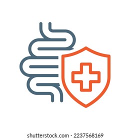 Bowes with shield line vector icon. Small intestines with medical cross outlined symbol.