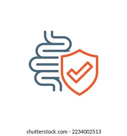 Bowes with shield vector icon. Small intestines with checkmark outlined symbol.