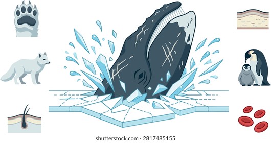 Bowhead Whale Spyhopping and Ice Breaking Infographic Vector Set with Arctic Fox Penguin Blubber and Polar Wildlife Adaptation Icons.eps