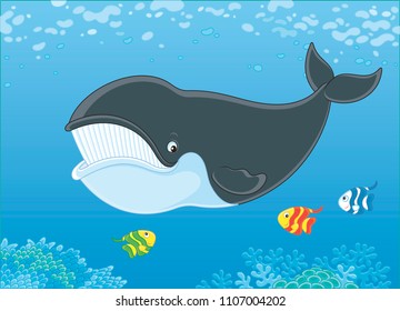 Bowhead whale swimming with funny small fishes in blue water, vector illustration