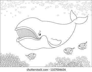 Bowhead whale swimming with funny small fishes, black and white vector illustration for a coloring book