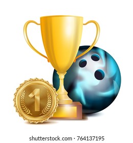Bowing Award Vector. Sport Banner Background. Ball, Gold Winner Trophy Cup, Golden 1st Place Medal. 3D Realistic Isolated Illustration
