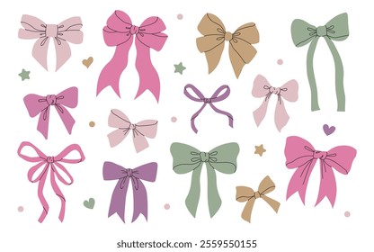 Bowknot for decoration, large set of holiday bows. Big retro hand drawn ribbon set illustration. Festive bows on a white background, vector illustration in flat style