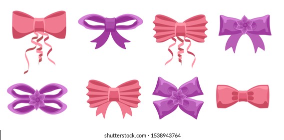 Bowknot set. Cartoon vector pink and purple ribbons satin bows for xmas gifts, present cards and luxury wrap pack isolated on white background