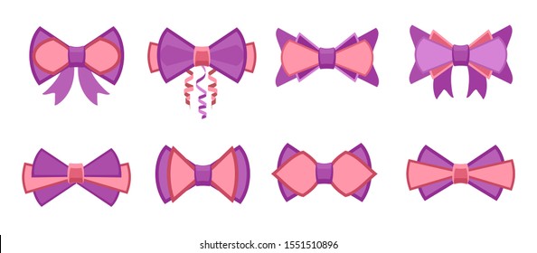 Bowknot set. Cartoon vector pink ribbons satin bows for xmas gifts, present cards and luxury wrap pack isolated on white background. Gift wrap
