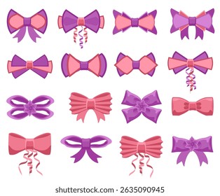 Bowknot set. Cartoon vector pink and purple ribbons satin bows for xmas gifts, present cards and luxury wrap pack isolated on white background