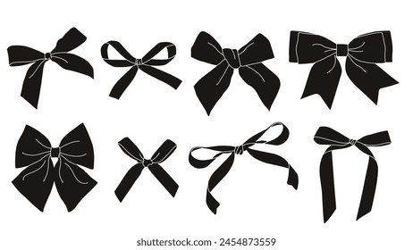 Bowknot set for decoration. Set of various black and white bow knots. Trendy hair braiding ribbon. Wedding celebration and birthday party decorations. Girls accessories. Wrapping decorative elements.