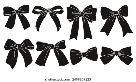 Bowknot set for decoration. Set of various black and white bow knots. Trendy hair braiding ribbon. Wrapping decorative elements. Wedding celebration and birthday party decorations. Girls accessories. 