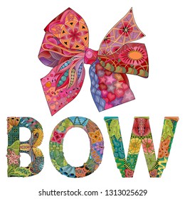 Bow-knot with word BOW zentangle styled with clean lines for t-shirt design, tattoo and other decorations