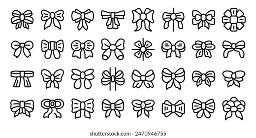 Bowknots icons outline set vector. A collection of bows in various sizes and shapes. The bows are all white and are arranged in a grid