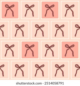 Bowknots quilted seamless pattern. Red band patchwork repeat background. Bows square geometric endless design. Vector hand drawn flat illustration.