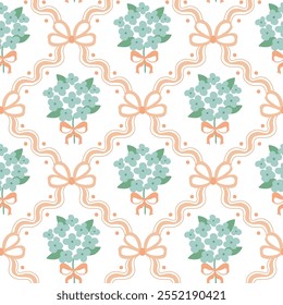 Nudos de arco, cintas y hortensias sin patrón. Vector coqueta floral Fondo de pantalla del gran milenio. Enrejado de cottagecore rosa y verde suave, fondo de repetición retro, impresión suave, diseño textil.