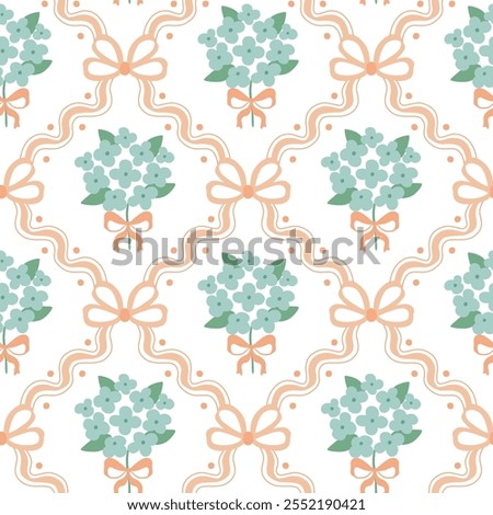 Bowknots, ribbons and hydrangea seamless pattern. Vector floral coquette grandmillennial wallpaper. Soft pink and green cottagecore trellis, retro repeat background, gentle print, textile design.