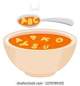 Bowl Of Alphabet Pasta Soup And Spoon. Vector Illustration.