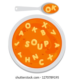 Bowl Of Alphabet Pasta Soup And Spoon. Vector Illustration.