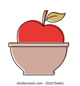 bowl with apple close up in watercolor silhouette with thick contour
