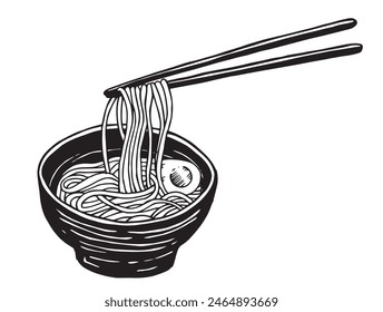 cuenco con fideos asiáticos y palillos chinos. ramen, dibujo de Vector udon en estilo boceto