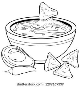 Bowl of avocado guacamole and nachos chips. Vector black and white coloring page.