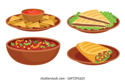 Bowl with Baked Beans and Guacamole with Nachos Vector Set