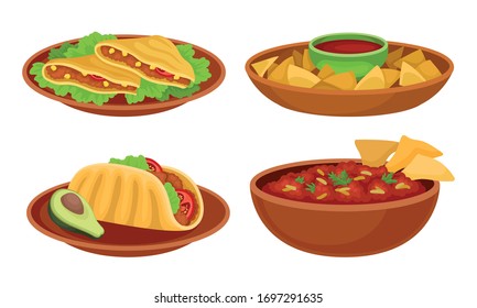 Tazón con judías al horno y guacamole con conjunto vector de nachos