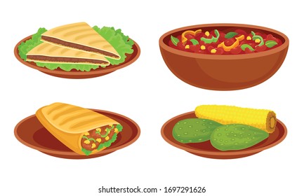 Bowl with Baked Beans and Tacos or Burrito Food Vector Set