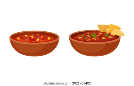 Bowl of Baked Beans with Vegetables and Meat Vector Set