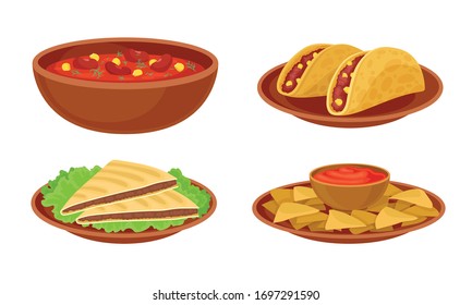 Bowl of Baked Beans with Vegetables and Tacos Vector Set