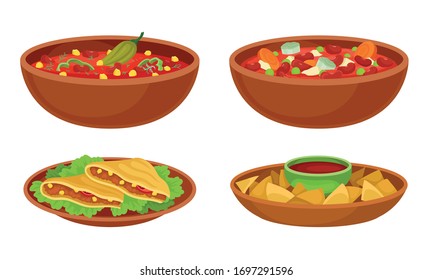 Bowl of Baked Beans with Vegetables and Tacos Vector Set svg