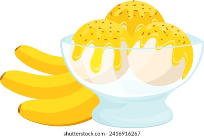 Bowl of banana ice cream with whole bananas. Sweet dessert illustration, yellow ice cream scoops. Delicious frozen treat concept vector illustration.