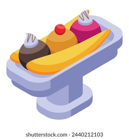 Bowl banana split icon isometric vector. Cherry cream. Ice food