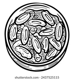 Bowl of beans sketch. Legume vegetable. Protein food for breakfast. Hand drawn vector illustration.