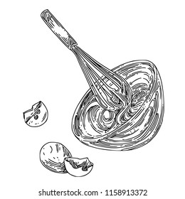 Bowl of beaten eggs. Sketch. Engraving style. Vector illustration.