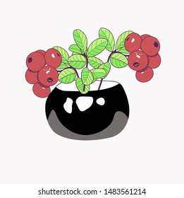 Bowl with berries, hand drawn vector Doodle illustration. Berries and leaves elements and objects cartoon background. Bright colors, funny picture. Interior decor details