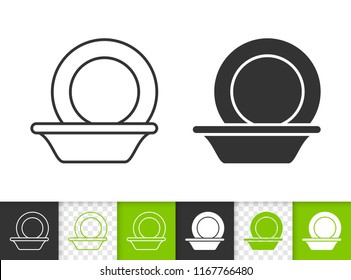 Bowl black linear and silhouette icons. Thin line sign of plate. Round Dish outline pictogram isolated on white, color, transparent background. Design vector Icon shape. Bowl simple symbol closeup
