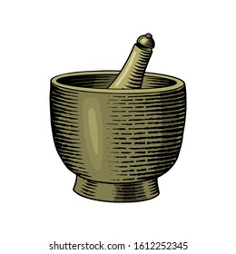 Bowl of Black pepper in Vintage style. Mortar and pestle. Mill and Dried seeds, a bunch of spices. Allspice or peppercorn. Herbal seasoning. Engraved hand drawn vector sketch for background