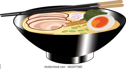 A bowl of black ramen noodles and chopsticks in a white background