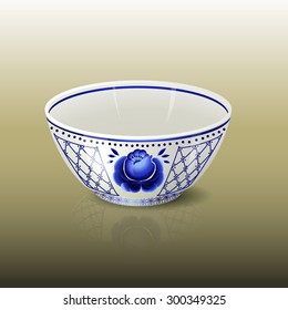 bowl with blue floral ornament and reflection on a brown background