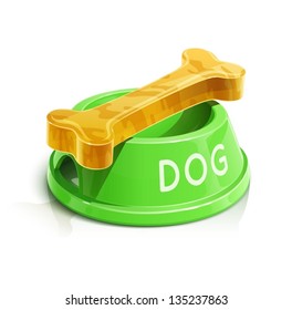 bowl with bone for dog vector illustration isolated on white background EPS10. Transparent objects and opacity masks used for shadows and lights drawing