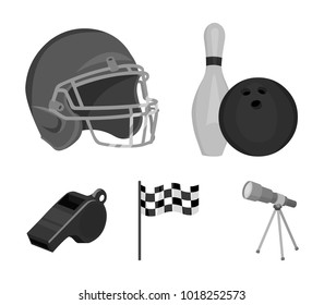 Bowl and bowling pin for bowling, protective helmet for playing baseball, checkbox, referee, whistle for coach or referee. Sport set collection icons in monochrome style vector symbol stock