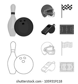 Bowl and bowling pin for bowling, protective helmet for playing baseball, checkbox, referee, whistle for coach or referee. Sport set collection icons in outline,monochrome ,flat style vector symbol