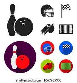 Bowl and bowling pin for bowling, protective helmet for playing baseball, checkbox, referee, whistle for coach or referee. Sport set collection icons in black, flat style vector symbol stock