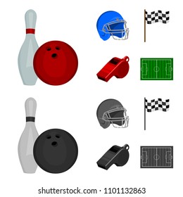 Bowl and bowling pin for bowling, protective helmet for playing baseball, checkbox, referee, whistle for coach or referee. Sport set collection icons in cartoon,monochrome ,flat style vector symbol