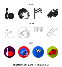 Bowl and bowling pin for bowling, protective helmet for playing baseball, checkbox, referee, whistle for coach or referee. Sport set collection icons in cartoon ,flat style vector symbol stock