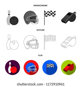 Bowl and bowling pin for bowling, protective helmet for playing baseball, checkbox, referee, whistle for coach or referee. Sport set collection icons in flat,outline,monochrome style vector symbol