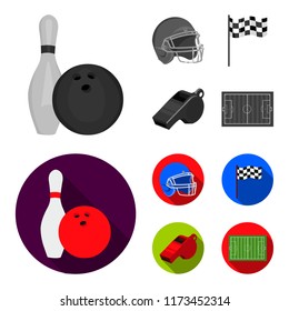 Bowl and bowling pin for bowling, protective helmet for playing baseball, checkbox, referee, whistle for coach or referee. Sport set collection icons in monochrome,flat ,flat style vector symbol stock