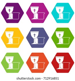 Bowl and bread icon set many color hexahedron isolated on white vector illustration