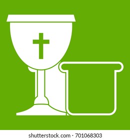 Bowl and bread icon white isolated on green background. Vector illustration