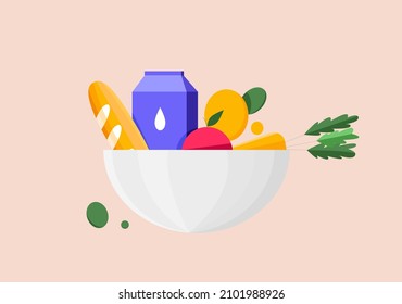 Bowl with bread, milk fruits and vegetables. Flat vector illustration