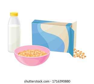 Bowl of Breakfast Cereal with Milk and Bottle Rested Nearby Vector Illustration