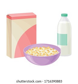 Bowl of Breakfast Cereal with Milk and Bottle Rested Nearby Vector Illustration